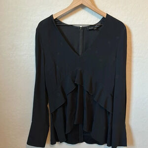 PROENZA SCHOULER Black Crepe Jacquard Long Sleeve V-Neck Blouse Size 10